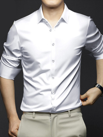ホワイト 男性用長袖シャツ シワになりにくくアイロン不要のアイスシルクシャツ