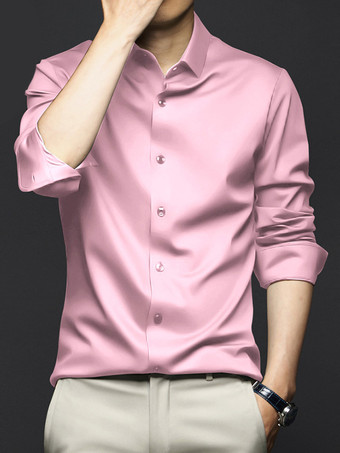 ピンク男性用長袖シャツ シワになりにくくアイロン不要のアイスシルクシャツ