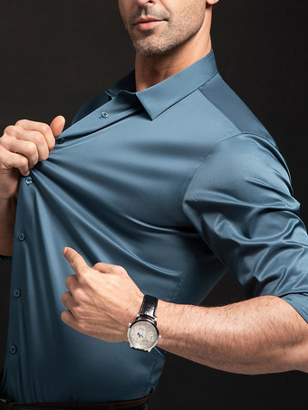 ブルーグリーン男性用長袖シャツ シワになりにくくアイロン不要のアイスシルクシャツ