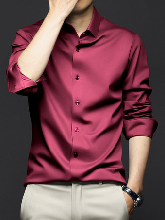 ワインレッド 男性用長袖シャツ シワになりにくくアイロン不要のアイスシルクシャツ