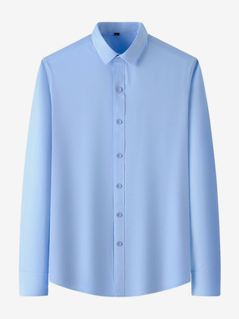 ライトスカイブルーメンズ長袖シャツ シワになりにくいビジネスカジュアル アイスシルクシャツ