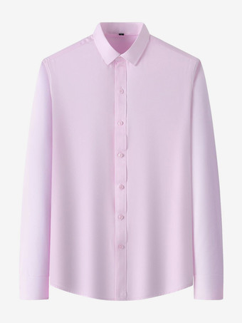 ピンクメンズ長袖シャツ シワになりにくいビジネスカジュアル アイスシルクシャツ