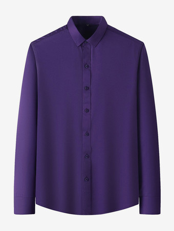 パープル メンズ長袖シャツ シワになりにくいビジネスカジュアル アイスシルクシャツ