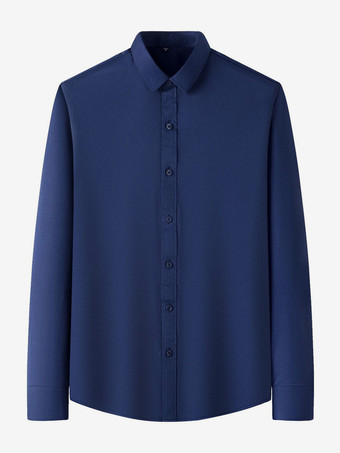 ダークネイビーメンズ長袖シャツ シワになりにくいビジネスカジュアル アイスシルクシャツ