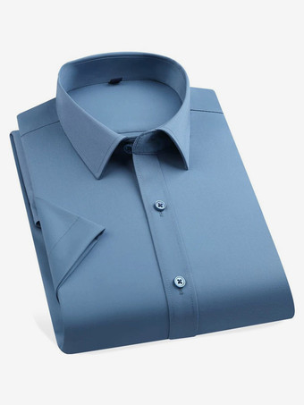 スチールブルーメンズ長袖シャツ シワになりにくいビジネスカジュアル アイスシルクシャツ