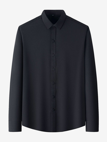 ブラック メンズ長袖シャツ シワになりにくいビジネスカジュアル アイスシルクシャツ