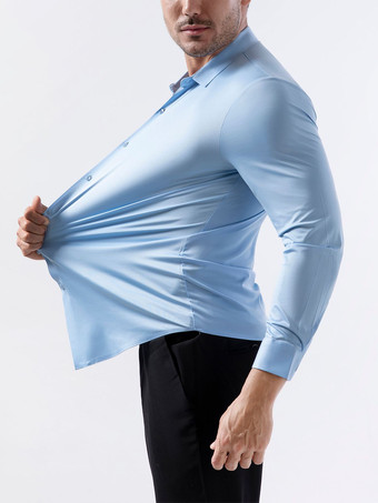 ライトスカイブルーメンズシャツ シームレス 高伸縮性 長袖 しわになりにくい メンズシャツ