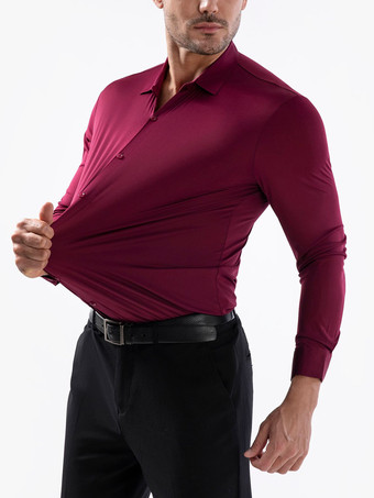 ワインレッド メンズシャツ シームレス 高伸縮性 長袖 しわになりにくい メンズシャツ
