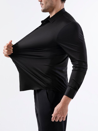 ブラック メンズシャツ シームレス 高伸縮性 長袖 しわになりにくい メンズシャツ