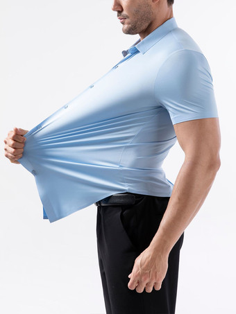 ライトスカイブルーメンズ伸縮性シャツ シワ防止メンズ半袖シャツ