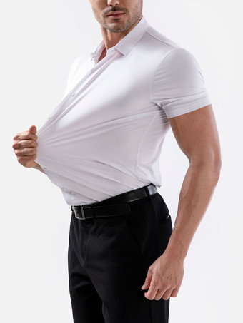 ホワイト メンズ伸縮性シャツ シワ防止メンズ半袖シャツ