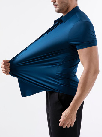 ブルーグリーンメンズ伸縮性シャツ シワ防止メンズ半袖シャツ