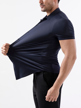 ダークネイビーメンズ伸縮性シャツ シワ防止メンズ半袖シャツ