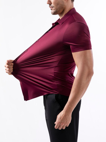 ワインレッド メンズ伸縮性シャツ シワ防止メンズ半袖シャツ