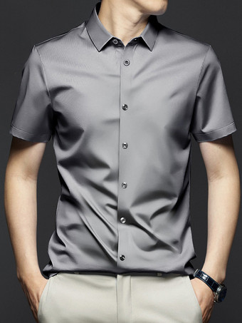 ライトグレー メンズ 半袖 夏シャツ アイスシルク しわになりにくいトップス