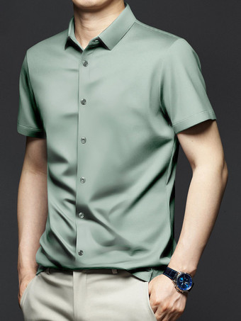 ライトグリーン メンズ 半袖 夏シャツ アイスシルク しわになりにくいトップス