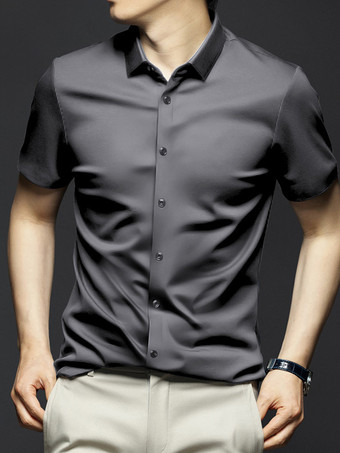 ダークグレー メンズ 半袖 夏シャツ アイスシルク しわになりにくいトップス