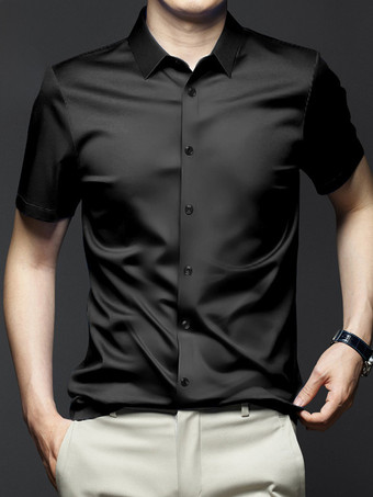 ブラック メンズ 半袖 夏シャツ アイスシルク しわになりにくいトップス