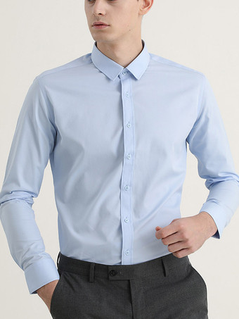ライトスカイブルーメンズシャツ 伸縮性 スリムフィット ビジネスカジュアルシャツ 長袖フォーマルシャツ