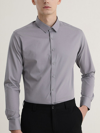 グレイメンズシャツ 伸縮性 スリムフィット ビジネスカジュアルシャツ 長袖フォーマルシャツ