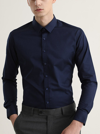 ダークネイビーメンズシャツ 伸縮性 スリムフィット ビジネスカジュアルシャツ 長袖フォーマルシャツ