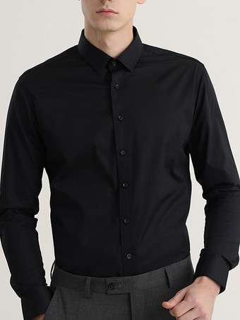 ブラック メンズシャツ 伸縮性 スリムフィット ビジネスカジュアルシャツ 長袖フォーマルシャツ