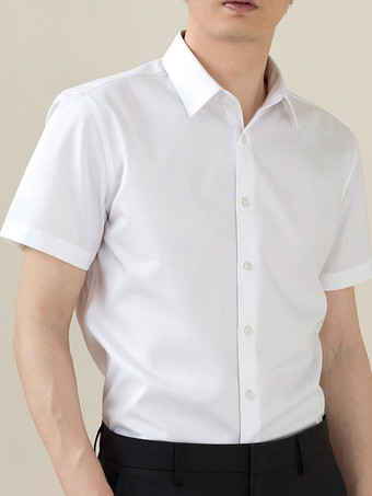 ホワイト メンズ サマーシャツ 伸縮性 スリムフィット ビジネスカジュアル 半袖シャツ