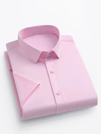 ピンクメンズ サマーシャツ 伸縮性 スリムフィット ビジネスカジュアル 半袖シャツ