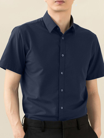 ダークネイビーメンズ サマーシャツ 伸縮性 スリムフィット ビジネスカジュアル 半袖シャツ