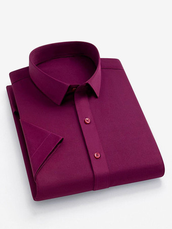 ワインレッド メンズ サマーシャツ 伸縮性 スリムフィット ビジネスカジュアル 半袖シャツ