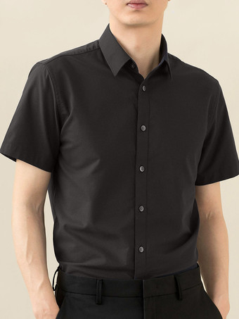 ブラック メンズ サマーシャツ 伸縮性 スリムフィット ビジネスカジュアル 半袖シャツ