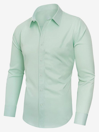 ライトグリーン メンズ ビジネスカジュアル 長袖 ストレッチシャツ 無地シャツ