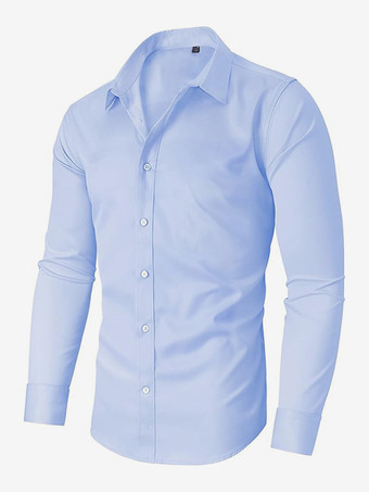 ライトスカイブルーメンズ ビジネスカジュアル 長袖 ストレッチシャツ 無地シャツ