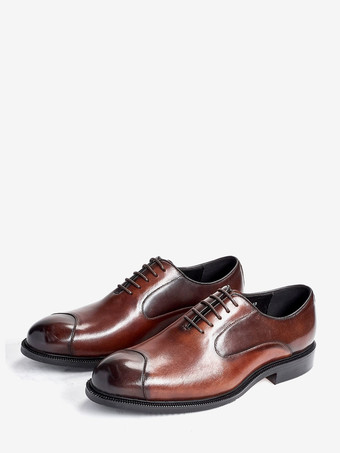 ブラウン メンズ オックスフォード ドレスシューズ ポインテッドトゥ ビジネスカジュアル 本革 レースアップ キャップトゥシューズ