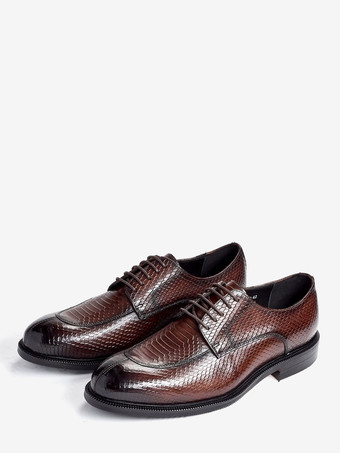 ブラウン メンズ ダービー ドレスシューズ 本物のパイソン型押しレザー ビジネスフォーマルシューズ