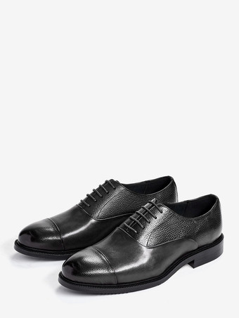 ブラック メンズオックスフォードシューズ ラウンドトゥ ドレスシューズ 本革 ビジネスフォーマル キャップトゥシューズ