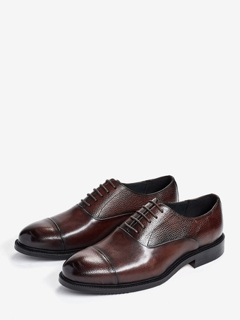 ブラウン メンズオックスフォードシューズ ラウンドトゥ ドレスシューズ 本革 ビジネスフォーマル キャップトゥシューズ