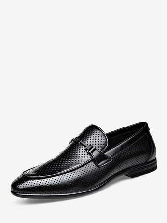 ブラック メンズ ホースビットローファー 本革 パンチングメッシュ ドレスシューズ