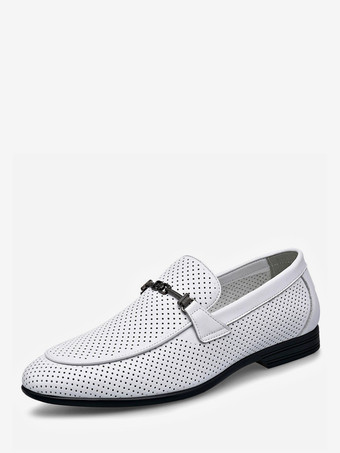 ホワイト メンズ ホースビットローファー 本革 パンチングメッシュ ドレスシューズ