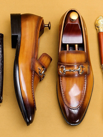 メンズ ホースビットローファー 本革 ポインテッドトゥ スリッポン ドレスシューズ