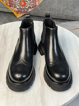 メンズ チェルシーブーツ チャンキーソール ラウンドトゥ レザー ブローグブーツ 身長アップ アンクルブーツ