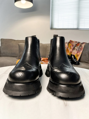 メンズ チェルシーブーツ チャンキーソール ラウンドトゥ レザー ブローグブーツ 身長アップ アンクルブーツ