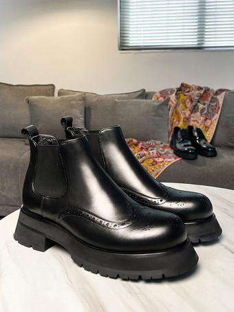 メンズ チェルシーブーツ チャンキーソール ラウンドトゥ レザー ブローグブーツ 身長アップ アンクルブーツ
