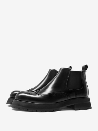 メンズ チェルシーブーツ チャンキーソール ラウンドトゥ レザー ブローグブーツ 身長アップ アンクルブーツ