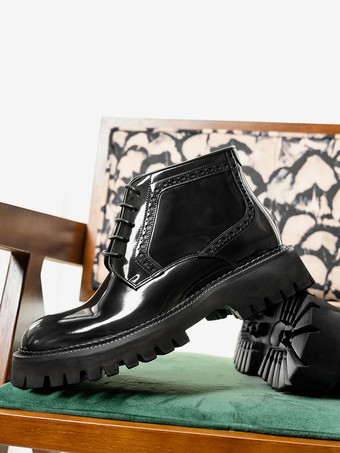 メンズ チャッカブーツ ラウンドトゥ チャンキープラットフォーム レザー アンクルブーツ