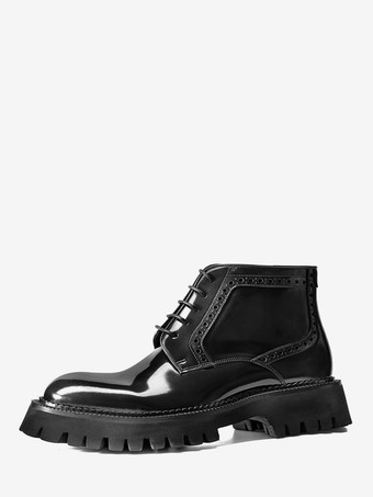 ブラック メンズ チャッカブーツ ラウンドトゥ チャンキープラットフォーム レザー アンクルブーツ