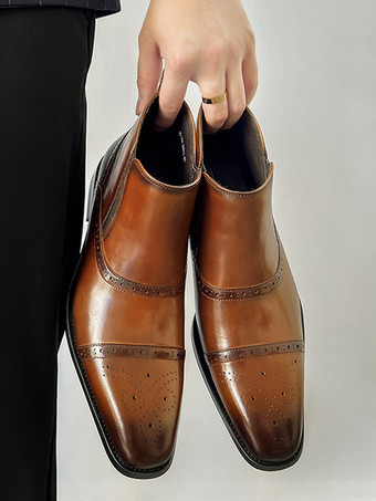 メンズ ブローグチェルシーブーツ ハイカットレザー スクエアトゥ アンクルブーツ