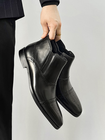 メンズ ブローグチェルシーブーツ ハイカットレザー スクエアトゥ アンクルブーツ