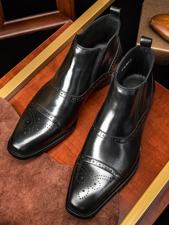 メンズ ブローグチェルシーブーツ ハイカットレザー スクエアトゥ アンクルブーツ