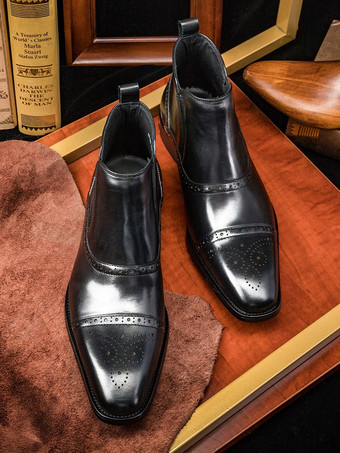 メンズ ブローグチェルシーブーツ ハイカットレザー スクエアトゥ アンクルブーツ